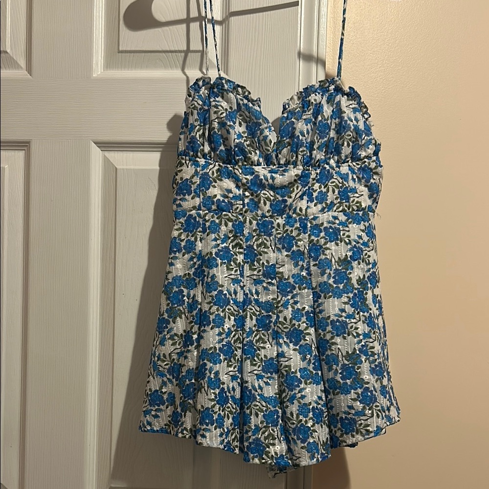 Floral Blue and White Spaghetti Strap Romper